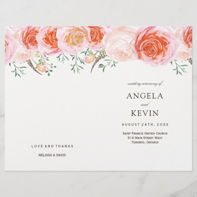 Romantic Coral Roses Wedding Programs (Front)