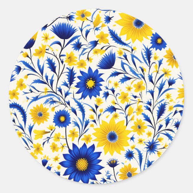 Romantic Cornflower Blue and Yellow Floral Classic Round Sticker (Front)