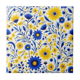 Romantic Cornflower Blue and Yellow Floral Tile
