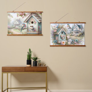 Romantic Cottage Birdhouse Floral Dreamscape Hanging Tapestry