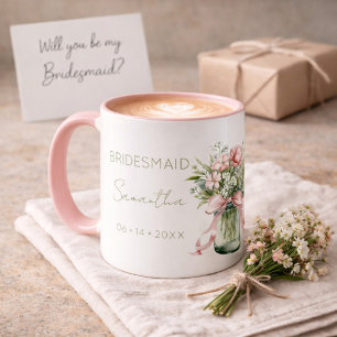 Romantic Cottagecore Bridesmaid Name and Date Pink Mug