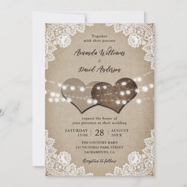 Romantic Country Burlap Lights Floral Lace Wedding Invitation (Front)