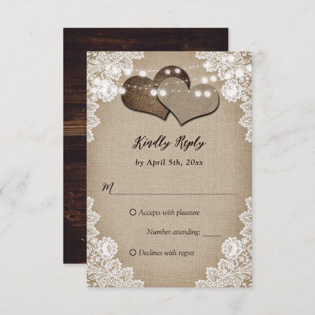 Romantic Country Burlap Wood Floral Lace Wedding RSVP Card (Front/Back)