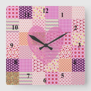 Romantic Country Style Pink Patchwork Heart Design Square Wall Clock