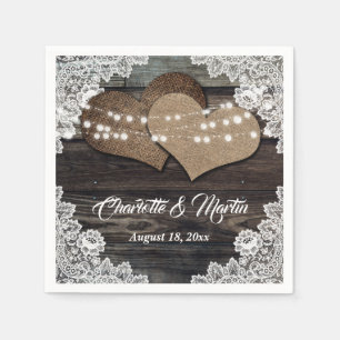 Romantic Country Wood Hearts Floral Lace Wedding Napkin