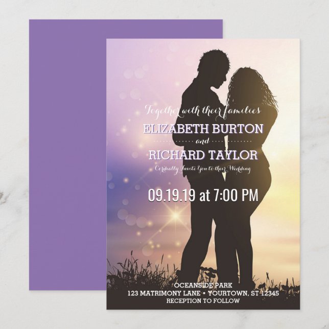 Romantic Couple Beach Wedding Purple Invitation (Front/Back)