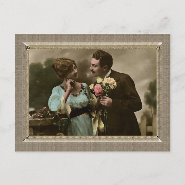 Romantic Couple - bringing her flowers Postcard (Front)