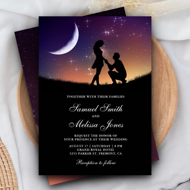 Romantic Couple Crescent Moon and Stars Wedding Invitation (Creator Uploaded)