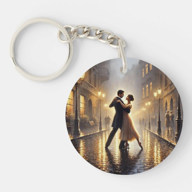 Romantic Couple dancing in the rain Key Ring (Front)