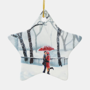 Romantic couple dancing in the snow red umbrella ceramic tree decoration