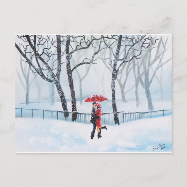 Romantic couple dancing in the snow red umbrella postcard (Front)