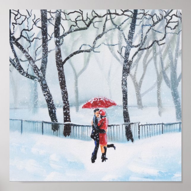Romantic couple dancing in the snow red umbrella poster (Front)
