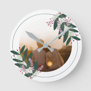Romantic Couple Floral Wreath Round clock