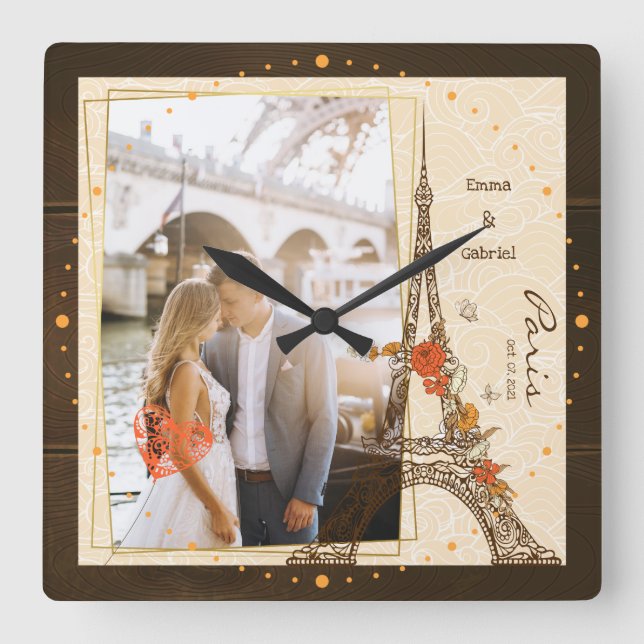 Romantic couple hugging near the eiffel tower square wall clock (Front)