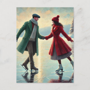 Romantic Couple Ice Skating on a frozen lake Postcard