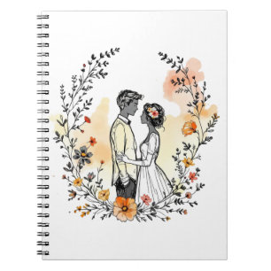 Romantic Couple Illustration with Floral Heart Notebook