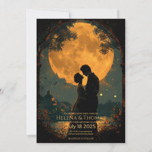 Romantic couple in golden moonlight. invitation