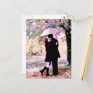 Romantic Couple in Love Kissing in The Rain  Postcard