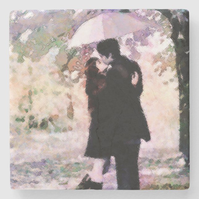 Romantic Couple in Love Kissing in The Rain  Stone Coaster (Front)