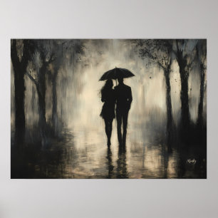 Romantic Couple in Rain – Minimalist Charcoal Art Poster