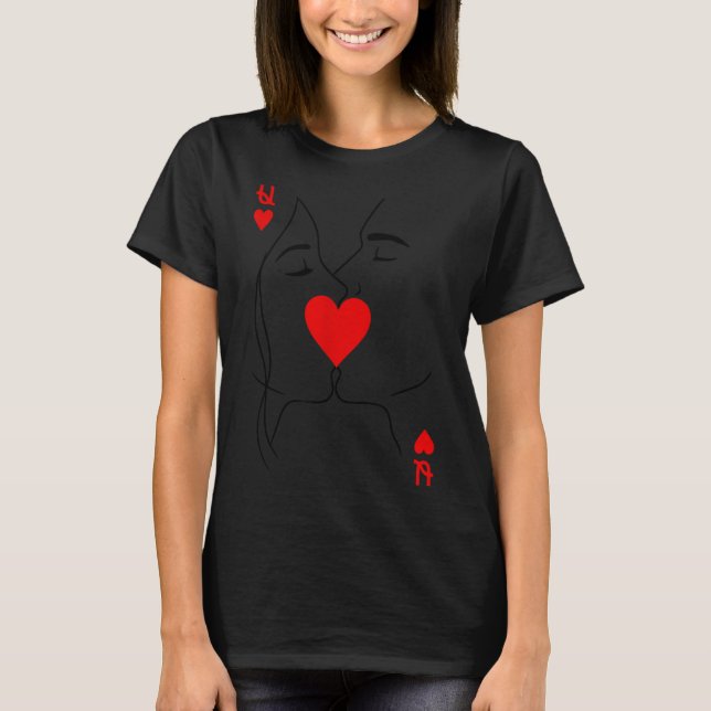Romantic Couple Kiss Queen Of Hearts Ker Playing C T-Shirt (Front)