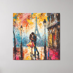 "Romantic Couple Kissing in Front of Eiffel Tower  Canvas Print