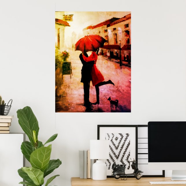 Romantic Couple Kissing Under The Umbrella Poster (Home Office)