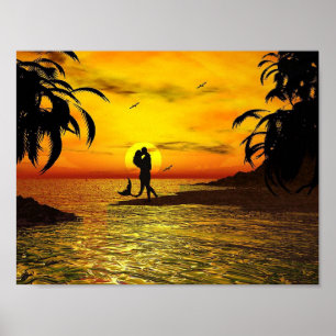 Romantic Couple Mermaid Sunset Palm Trees Ocean Poster