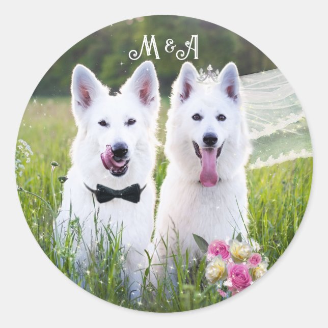 Romantic couple of dogs geting married  classic round sticker (Front)
