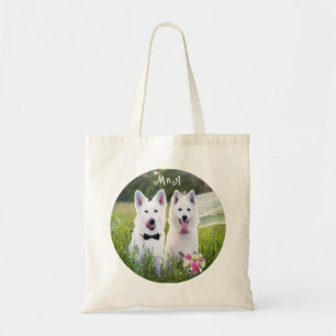 Romantic couple of dogs geting married tote bag