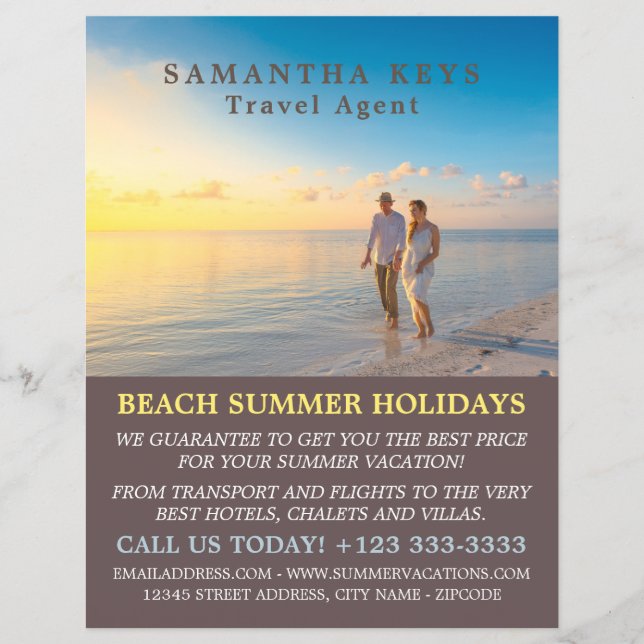 Romantic Couple on Beach, Travel Agent Advert Flyer (Front)