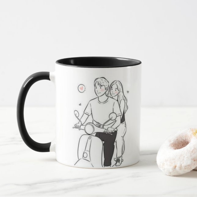 Romantic Couple on Scooter – Cute Minimalist Love  Mug (With Donut)