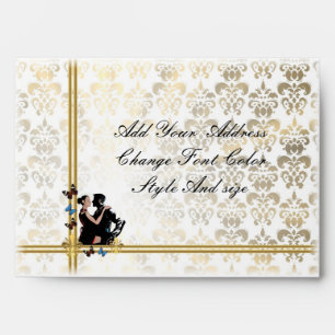Romantic couple on white damask envelopes