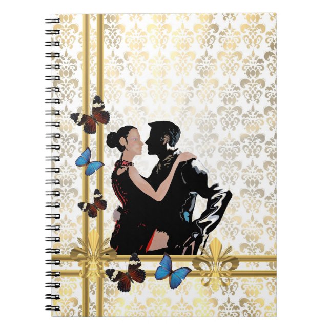 Romantic couple on white damask notebook (Front)