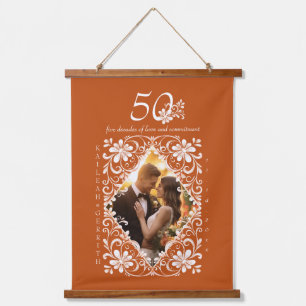 Romantic Couple Photo Burnt Orange 50 Anniversary Hanging Tapestry