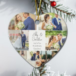 Romantic Couple Photo Collage Heart Christmas Ceramic Tree Decoration<br><div class="desc">This beautiful newlywed couple keepsake heart shaped Christmas ornament gift features a classy layout of 5 wedding photos on a white background with the married couple's names, location, and date. A wonderful commemorative holiday photo gift for your wife or husband to treasure forever. Add a full photograph on the back....</div>