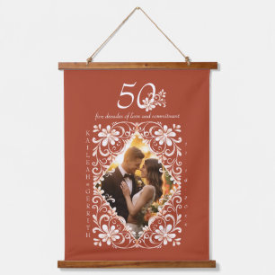 Romantic Couple Photo Red Rust 50 Anniversary Hanging Tapestry