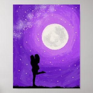 Romantic Couple Purple Night Full Moon Stars Date Poster