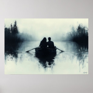 Romantic Couple Rowing in a Misty Lake Minimalist Poster
