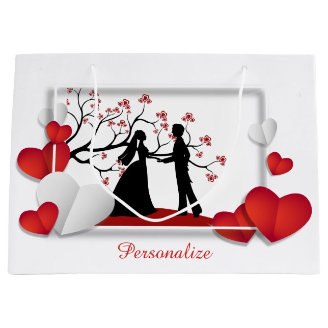 Romantic Couple Silhouette Red Hearts Personalise Large Gift Bag (Front)