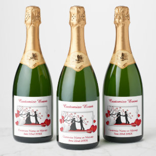 Romantic Couple Silhoutte Red Hearts Personalised Sparkling Wine Label