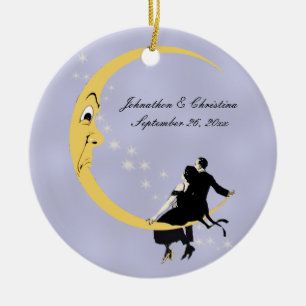 Romantic Couple Sitting on Angry Crescent Moon Ceramic Tree Decoration
