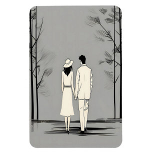 Romantic Couple Stroll Minimalist Line Art Magnet