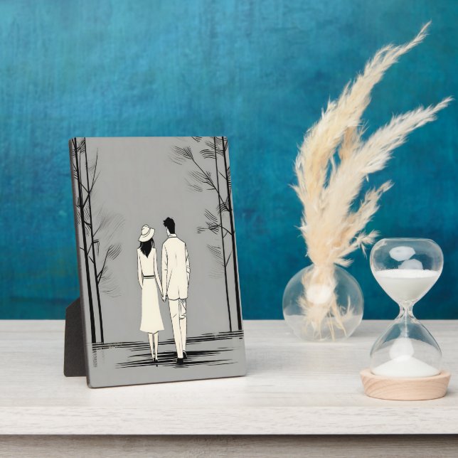 Romantic Couple Stroll Minimalist Line Art Plaque (Side)