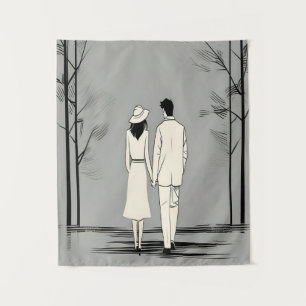 Romantic Couple Stroll Minimalist Line Art Tapestry