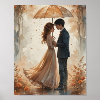 Romantic Couple Under Autumn Umbrella Poster