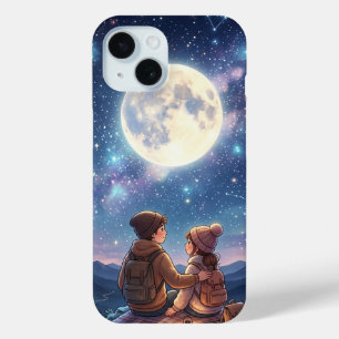 Romantic Couple Under Full Moon and Starry Galaxy iPhone 15 Case
