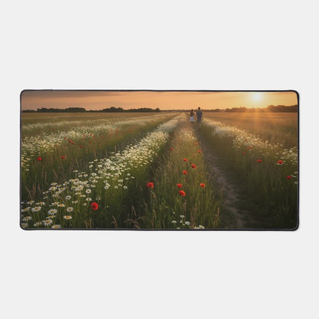Romantic Couple Walking in Summer Meadow Desk Mat (Front)
