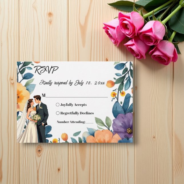 Romantic Couple Watercolor Floral Summer Wedding RSVP Card (Creator Uploaded)