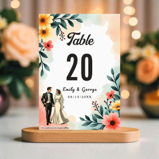 Romantic Couple Watercolor Floral Summer Wedding Table Number